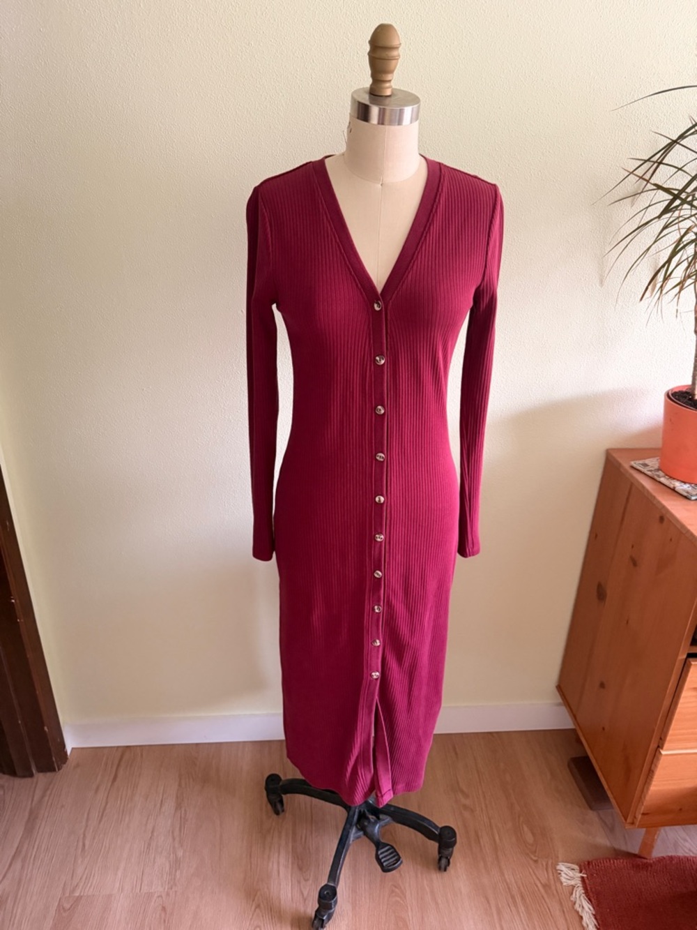 Anthro Grey State Long Sleeve Button-Front Ribbed Dress - Wine